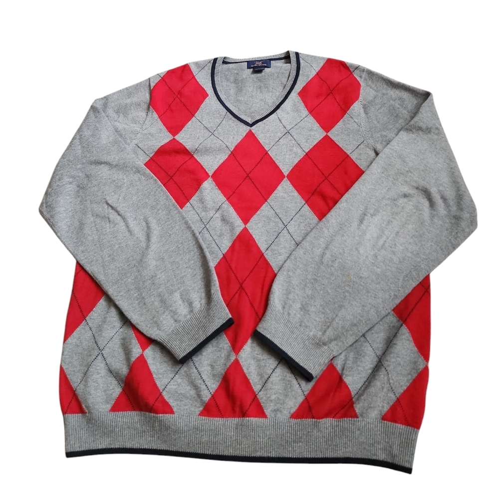 346 Brooks Brothers 100% Cotton Men's Gray and Red Argyle Sweater